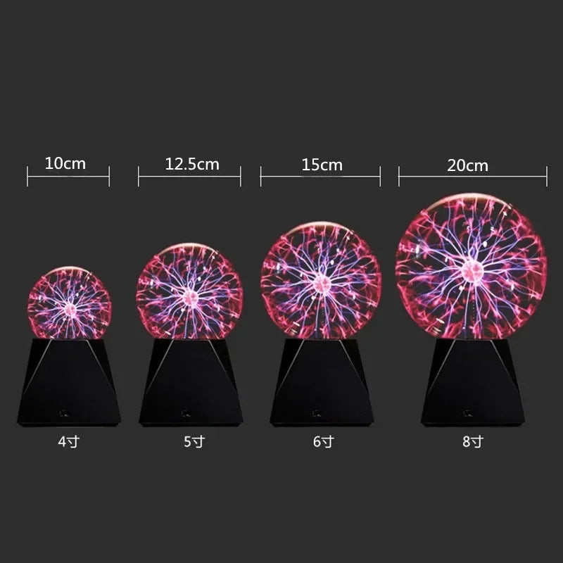 Various sizes of LED plasma ball lamps with measurements displayed, featuring a 3/8 inch sound control magic plasma ball lamp.