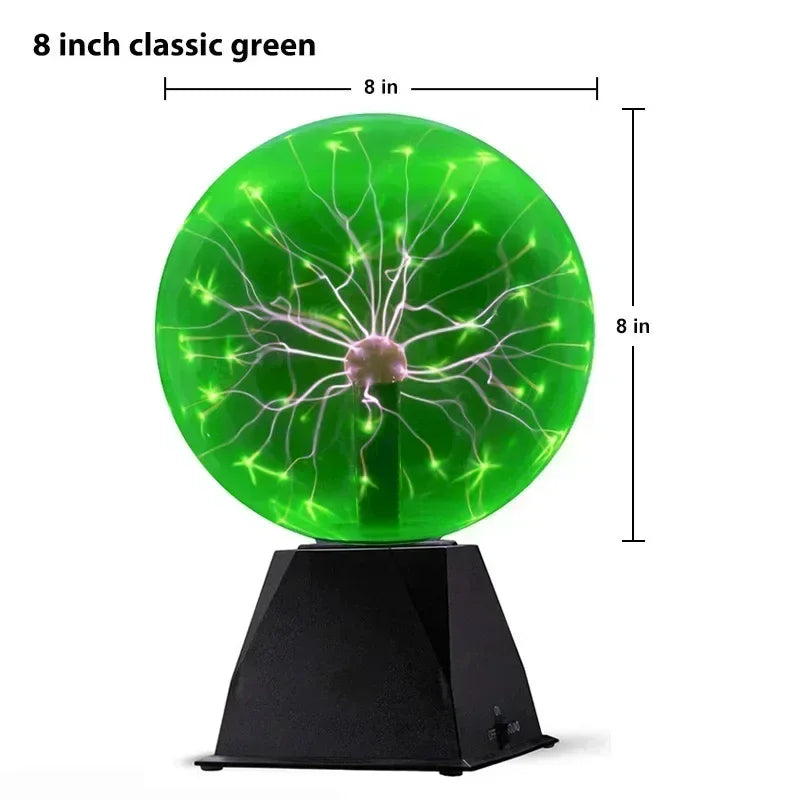 8-inch green plasma ball lamp with sound control on a black base.