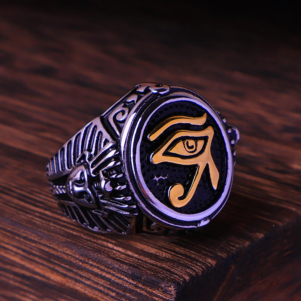 New Vintage Eye of Horus Rings Stainless Steel Punk Ancient Egypt Pharaoh Text Symbol Men Ring Amulet Jewelry Gift Wholesale