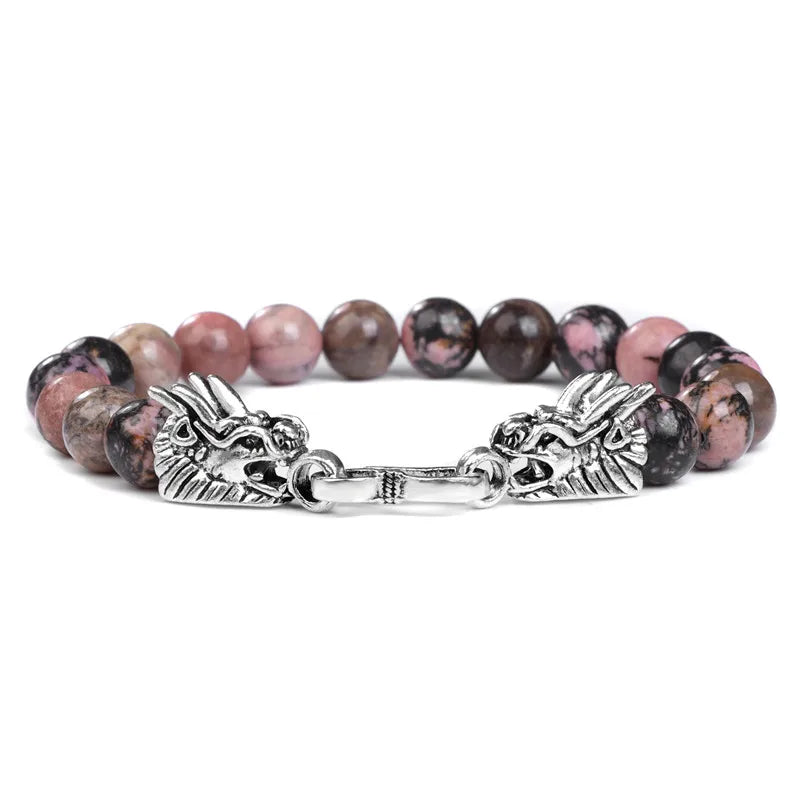 Natural Pink Zebra Stone Bracelets For Women Men Fengshui Dragon Clasp Bracelet Tiger Eye Lava Bangles Good Lucky Charm Jewelry