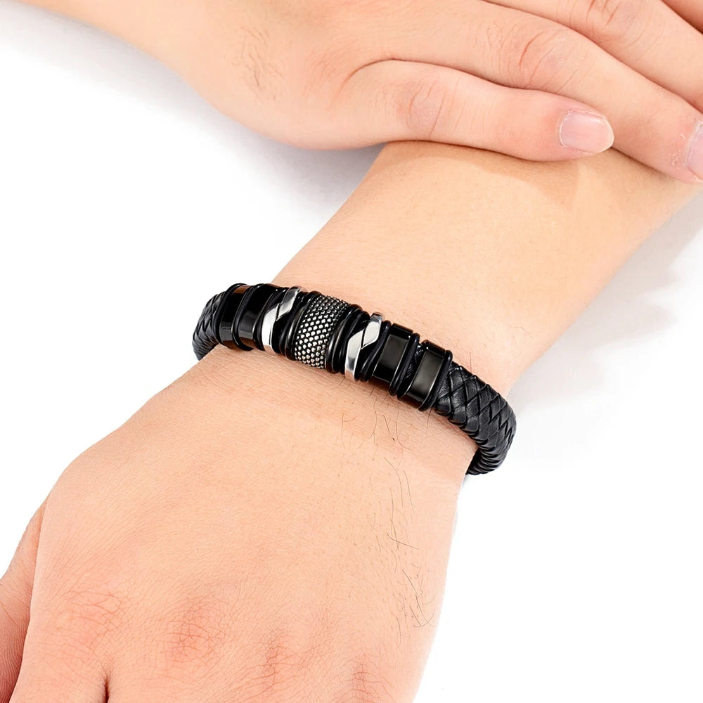 Fashion Braided Rope Wrap Black Leather Bracelets.###