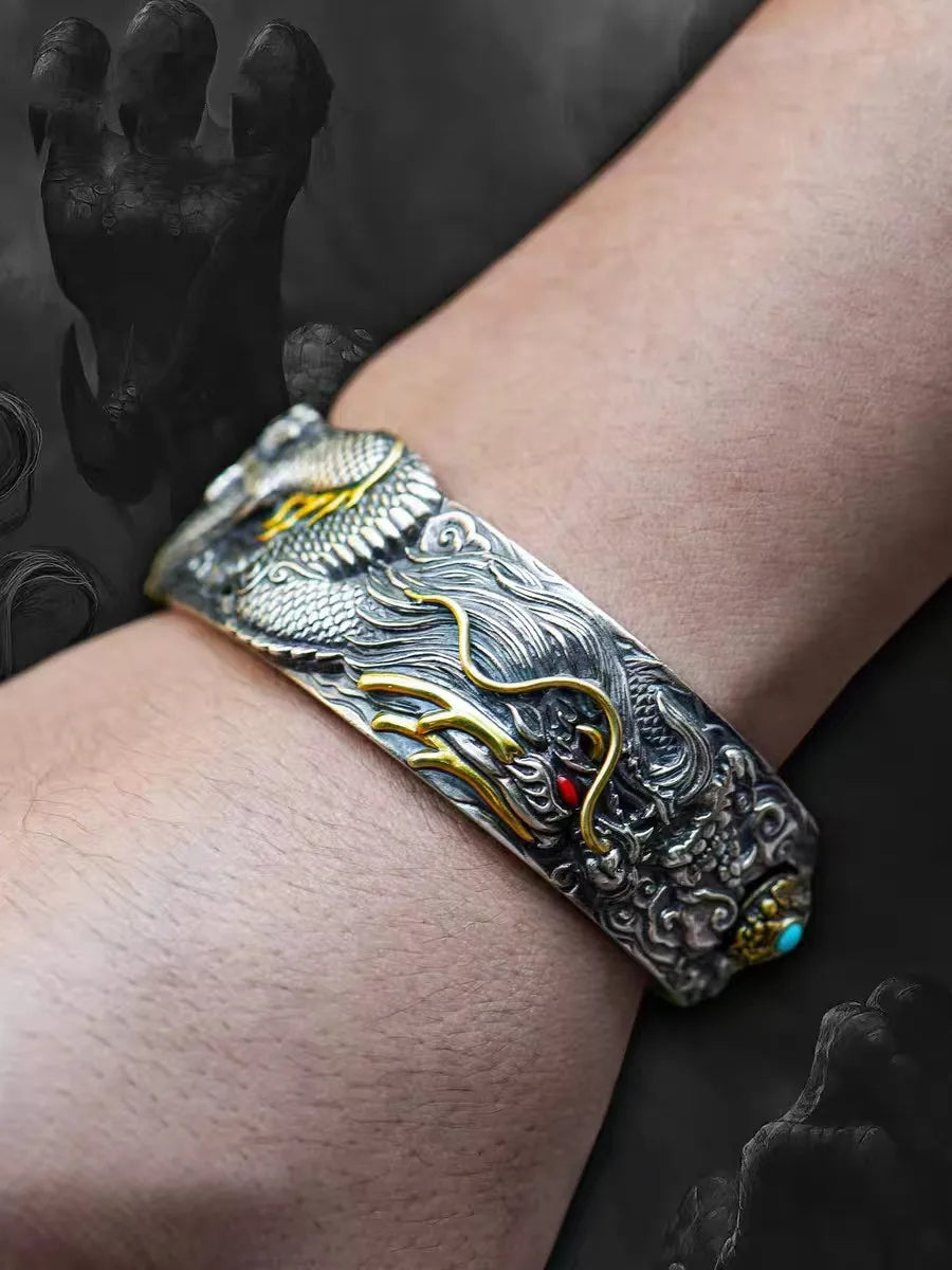 Retro Domineering Dragon Bracelet Chinese National Style Tenglong Cuff Bracelet Men's Punk Rock Locomotive Riding Amulet Jewelry