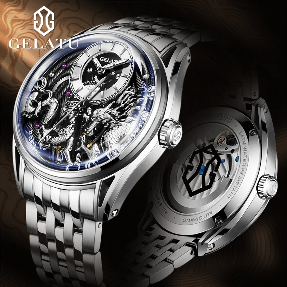 GELATU Luxury Brand Men's Watches Relief Design Automatic Mechanical Watch Stainless Steel Strap Original Male Wristwatch Trend