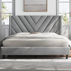 Queen Bed Frame Upholstered Platform Bed with Wing Side/Wooden Slat Support/Tufted Headboard