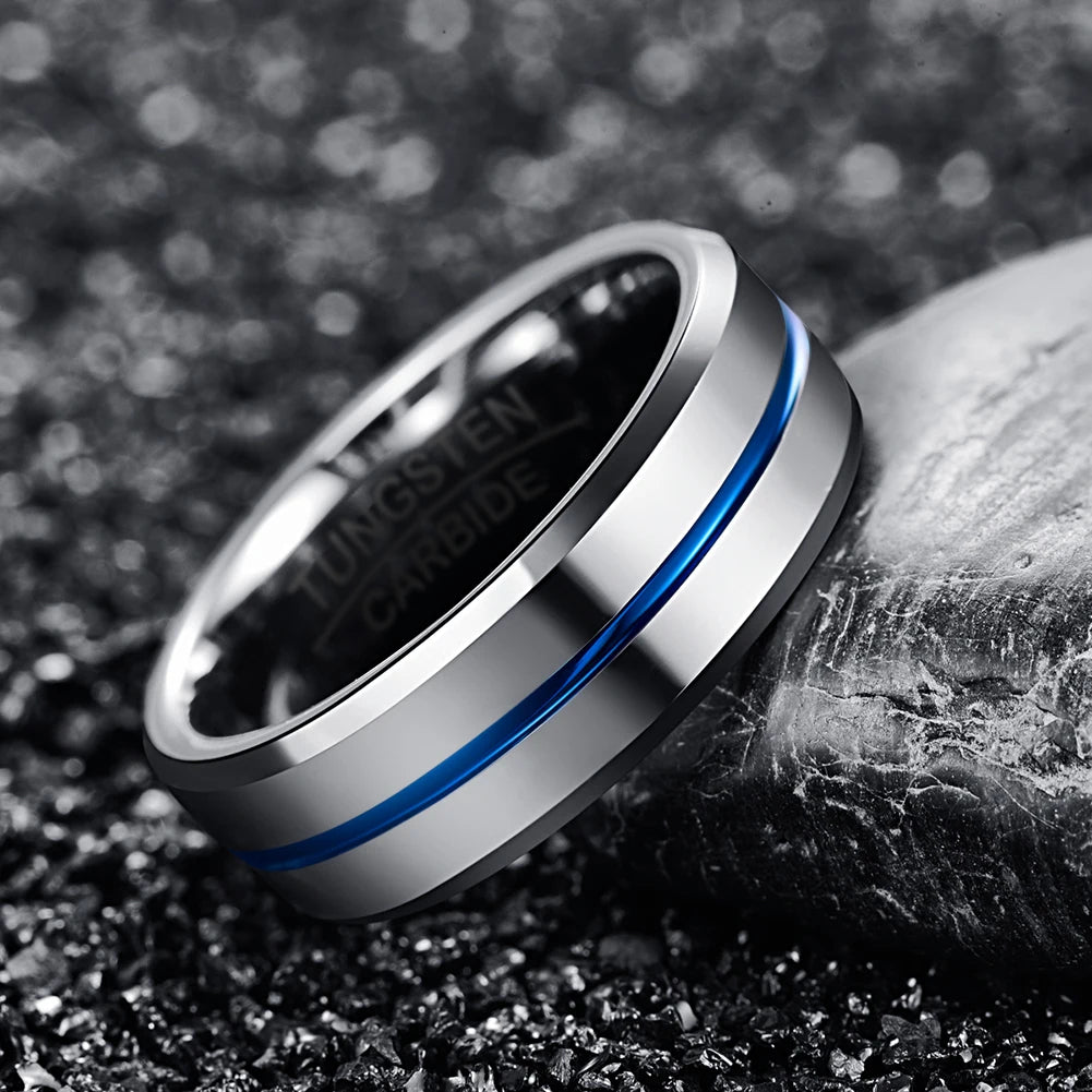 Width Tungsten Carbide Ring Thick Steel Color Full Polished Blue Groove with Angled Men's Ring T185R