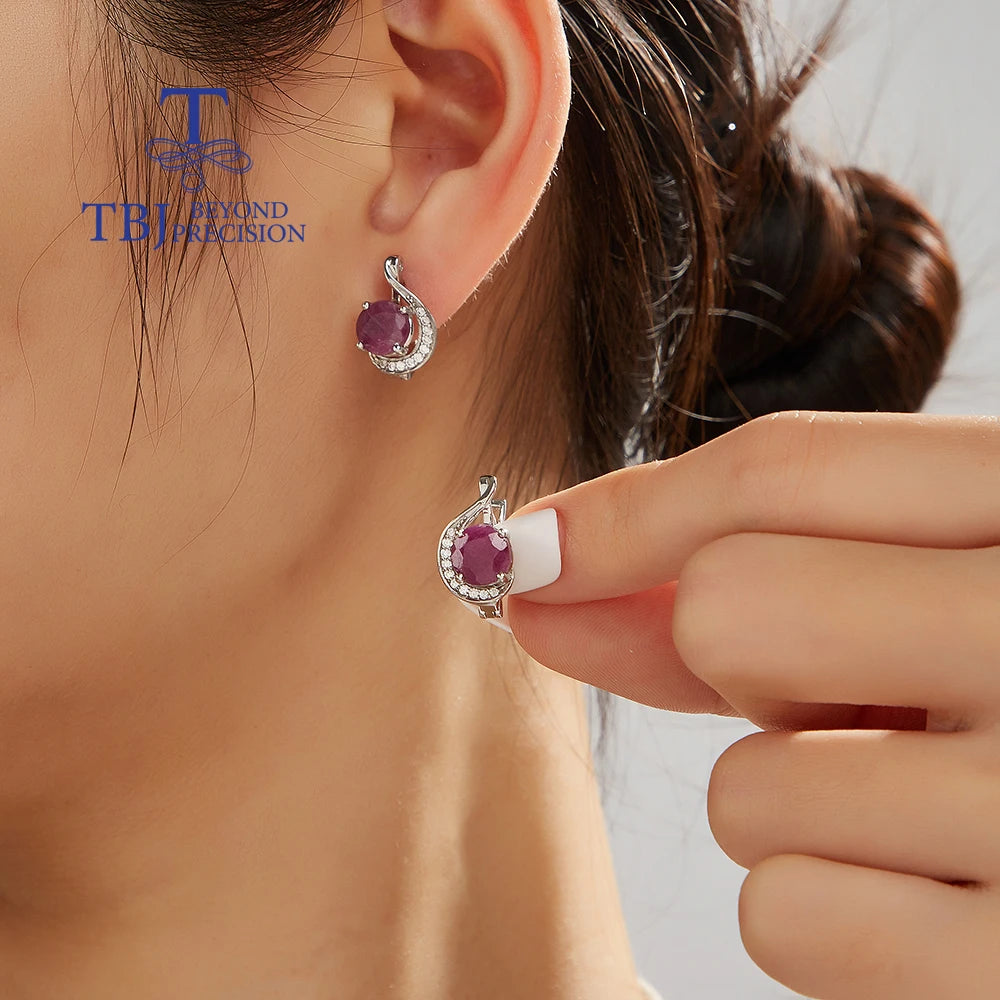 Trendy Silver Earrings & Ring Set for Women Natural Precious Ruby July Birthstone Luxury Jewelry Wedding Anniversary Gift