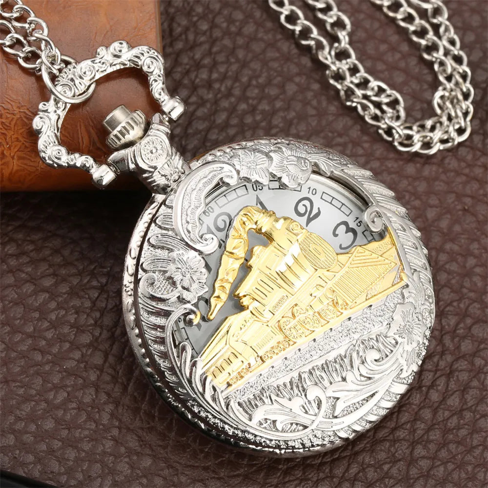 Vintage Retro Bronze Hollow Train Locomotive Steampunk Quartz Pocket Watch Women Men Necklace Pendant with Chain Birthday Gift