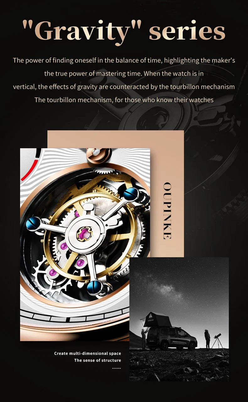 OUPINKE 8001 Tourbillon Watch for Men High-end Luxury Skeleton Flywheel 24hour Moon Phase Chrono Multifunction Mechanical Watch