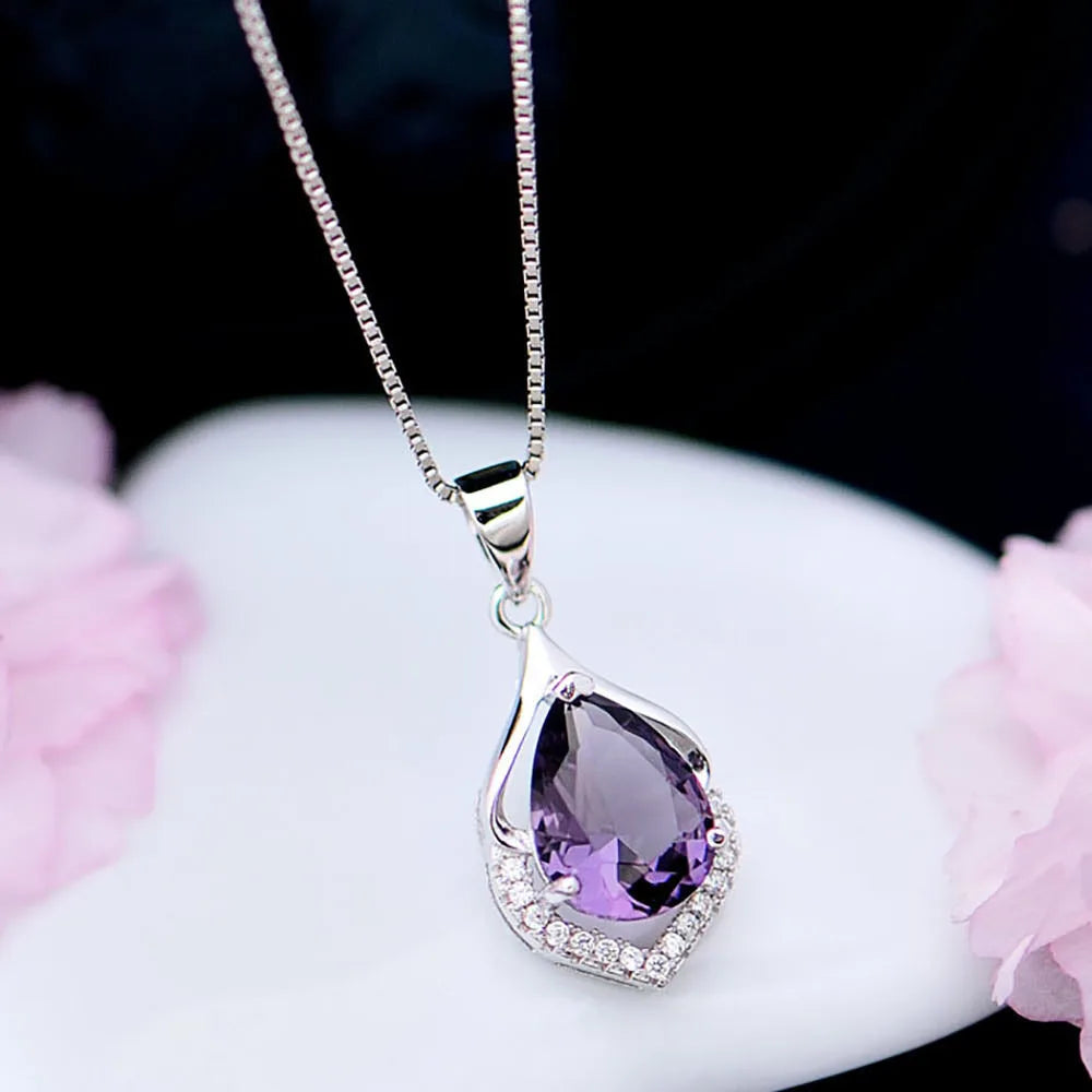 WOSIKATE Natural Amethyst 925 Sterling Silver Pendant Necklace For Women Daily Jewellery Clavicle Chain Necklace Accessories