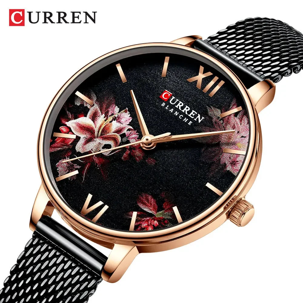 CURREN 9059 Top Brand Luxury Black Female Waterproof Clock Mesh Stainless Steel Bracelet Flower Ladies Wristwatch 9059