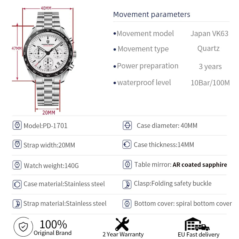 Features and Benefits of the PAGANI DESIGN 2024 Date Speed Chronograph Men's Watch.