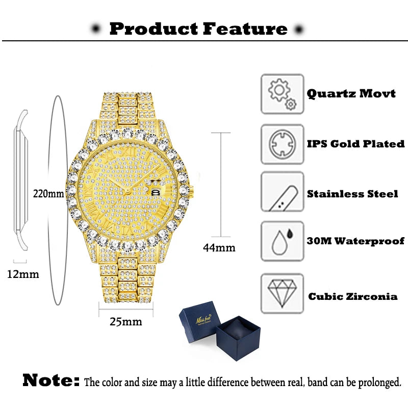 Gold Dress Watch For Women Luxury Fashion Bling Diamond Large Face Quartz Watches For Ladies Big Wrist Accessories For Women's