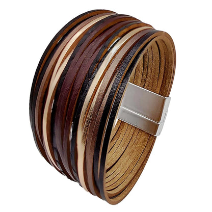 Layered Scratch Leather Bracelet for Man Women Magnetic Buckle Bracelet Leather Cord Combination Wide Bracelet Charm Jewelry