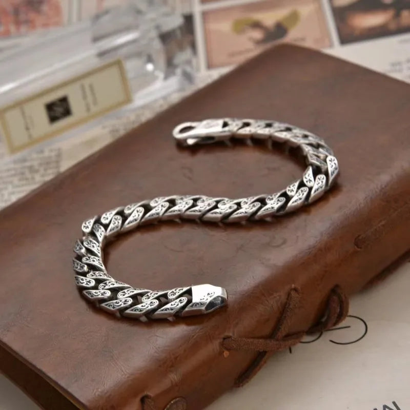 NewS925 Sterling Silver Vintage Personalized Punk Trendy Cuban Chain Vine Grass Pattern Bracelet Men