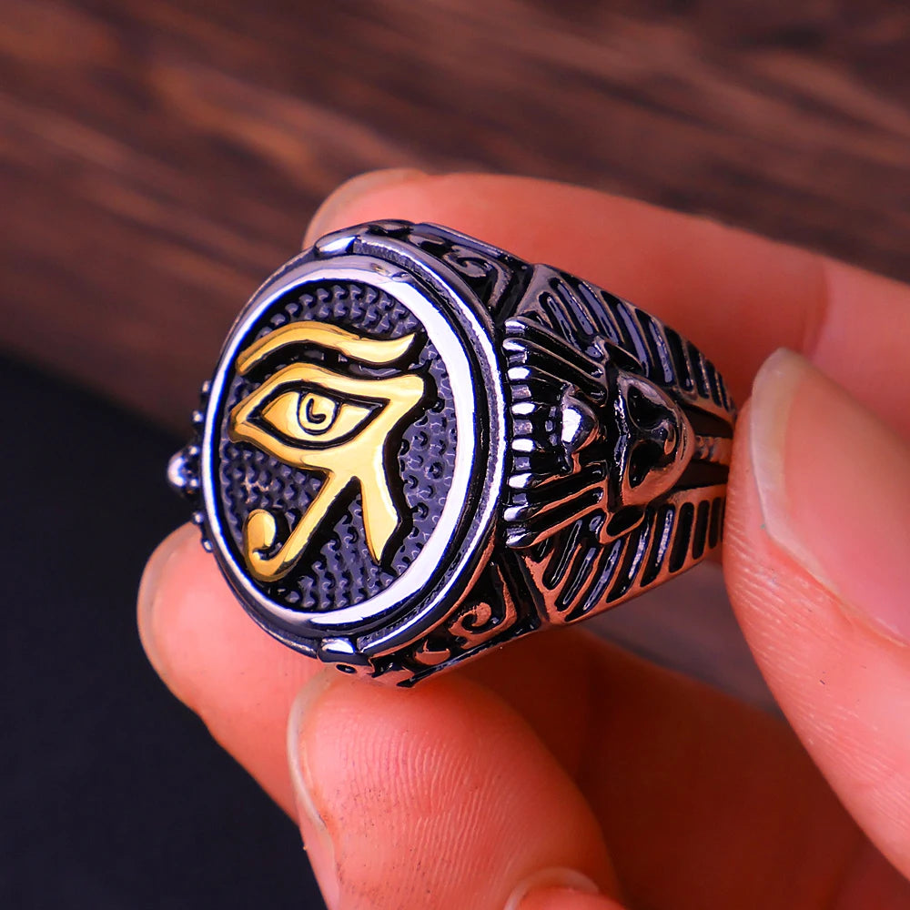 New Vintage Eye of Horus Rings Stainless Steel Punk Ancient Egypt Pharaoh Text Symbol Men Ring Amulet Jewelry Gift Wholesale