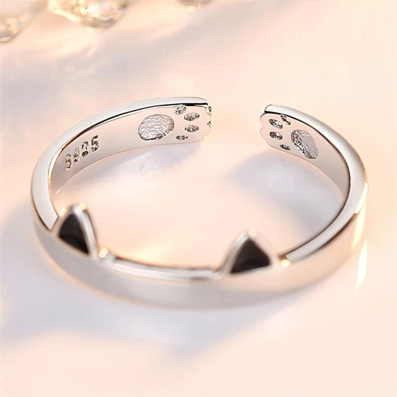 Cute Cat Ear Paw Open Adjustable Couples Rings Silver.