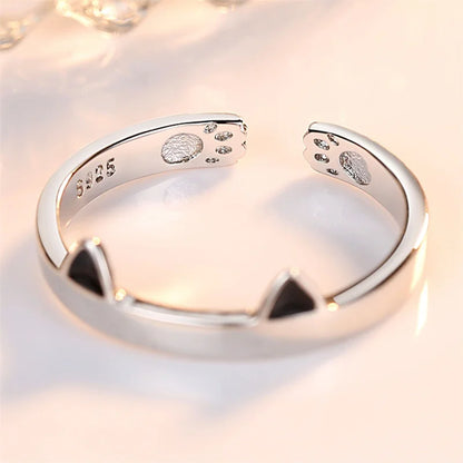 Cute Cat Ear Paw Open Adjustable Couples Rings Silver.