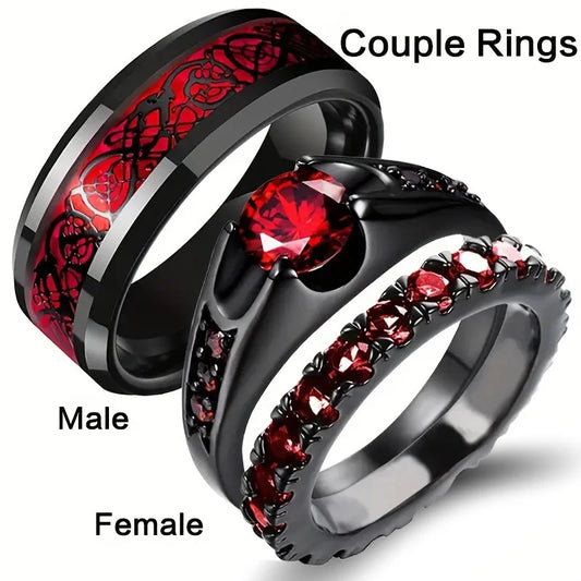 Fashion Couple Women's Red Rings Set Men's Stainless Steel.