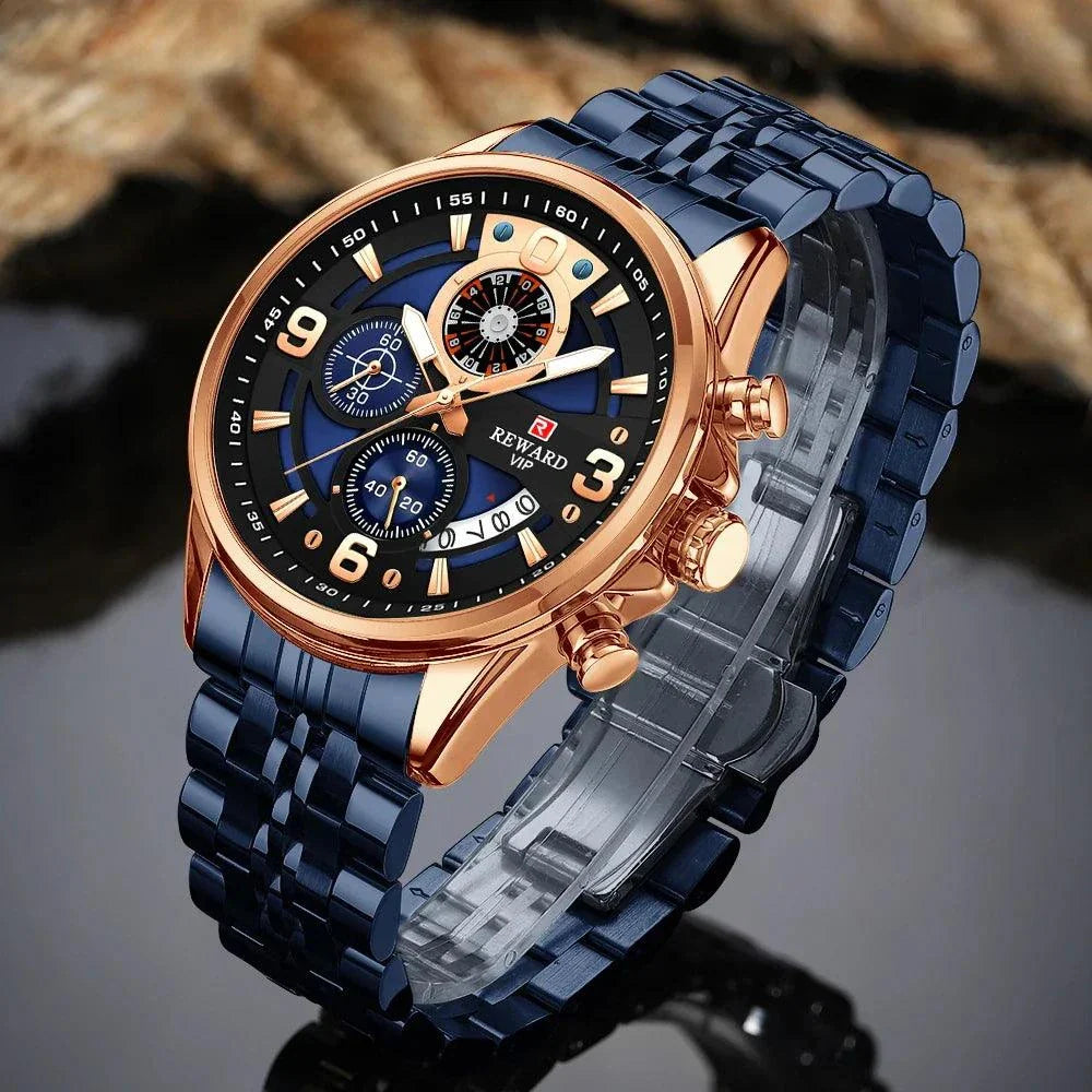 REWARD New Mens Watches Stainless Steel Luxury Waterproof Chronograph