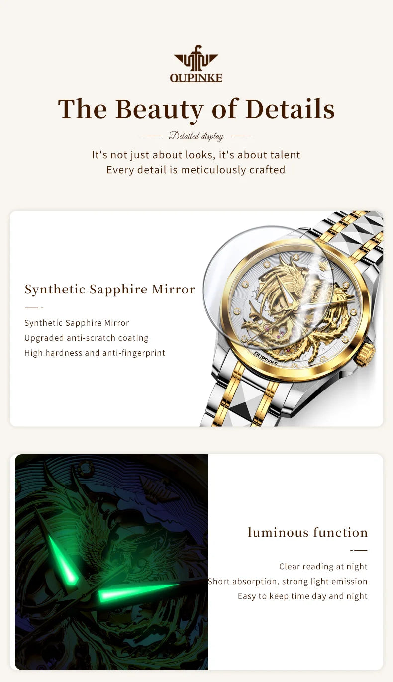 OUPINKE Luxury Carving Phoenix Women Automatic Mechanical Watches New Waterproof Lady Wrist Watch Casual Fashion Watch for Women