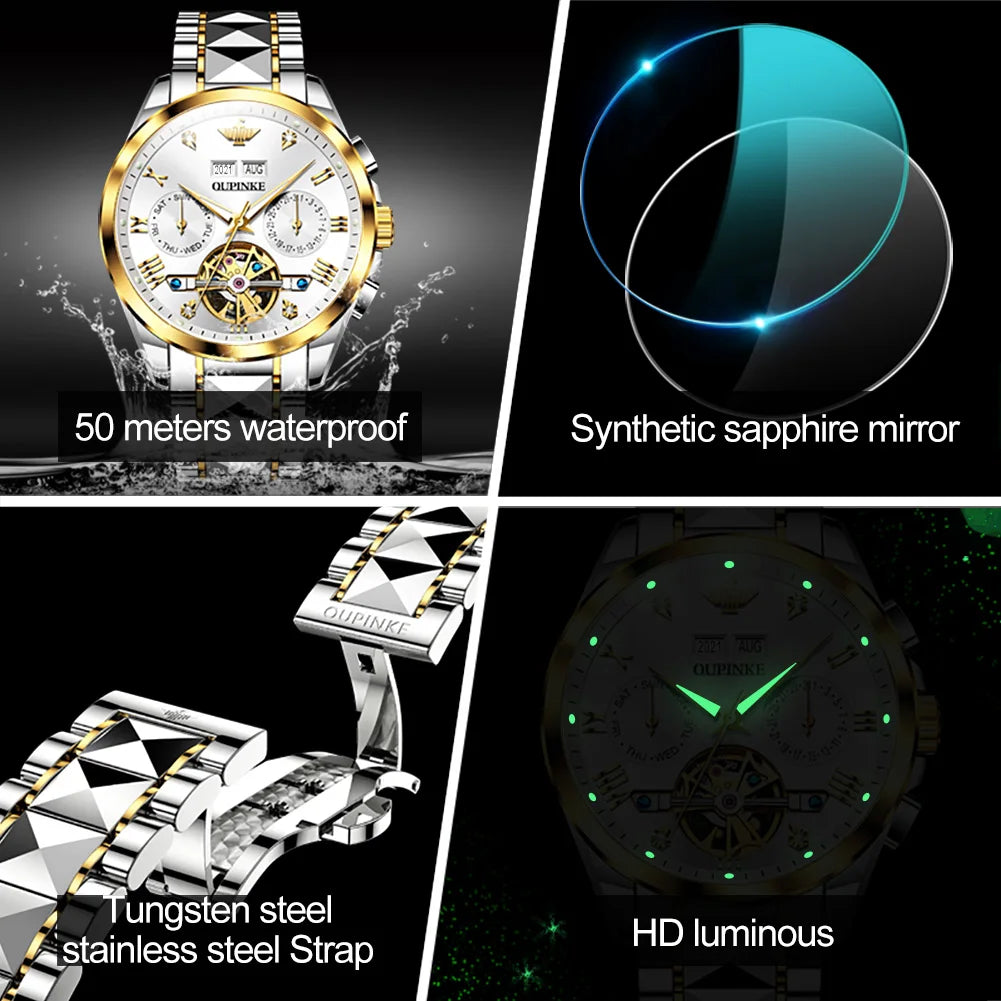 OUPINKE 3186 High Quality Luxury Skeleton Flywheel Automatic Watch for Men 5Bar Waterproof Dual Calendar Brand Men&