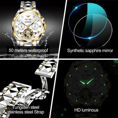 OUPINKE 3186 High Quality Luxury Skeleton Flywheel Automatic Watch for Men 5Bar Waterproof Dual Calendar Brand Men&