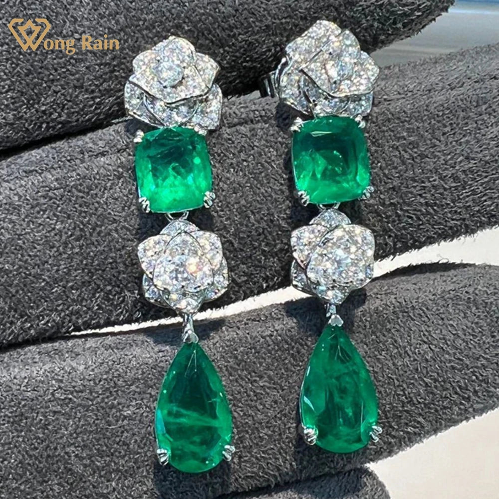 Wong Rain Vintage 925 Sterling Silver Emerald High Carbon Diamond Gemstone Flower Drop Dangle Earrings Fine Jewelry for Women