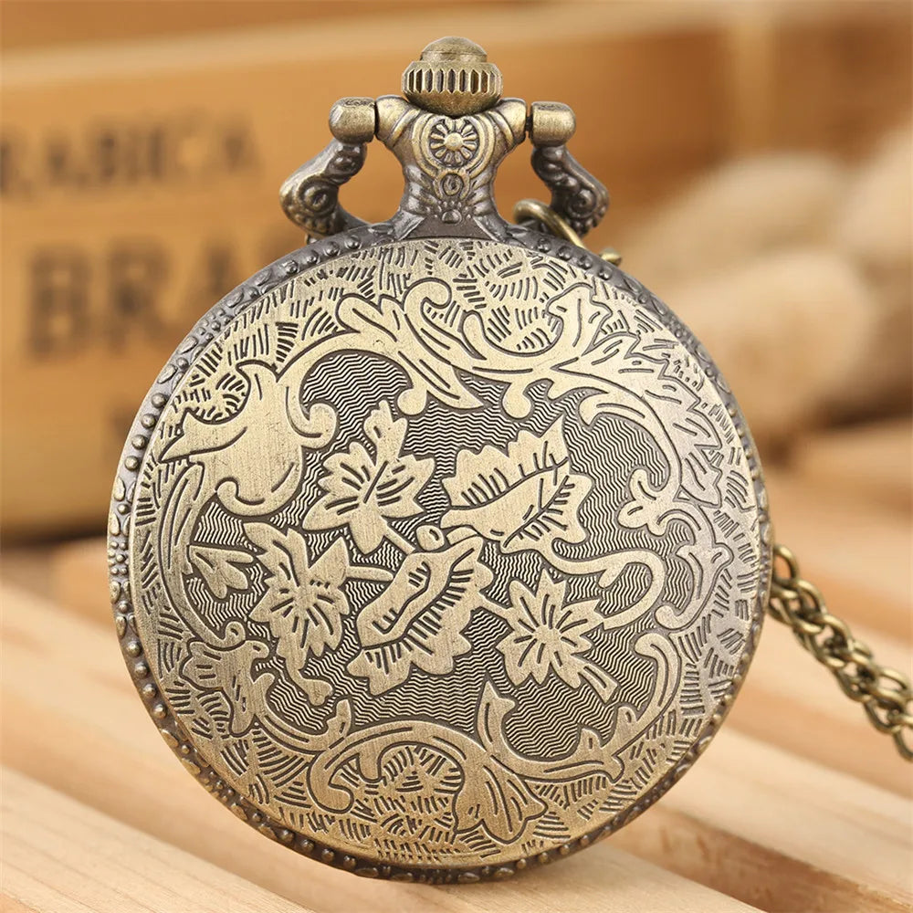 Vintage Retro Bronze Hollow Train Locomotive Steampunk Quartz Pocket Watch Women Men Necklace Pendant with Chain Birthday Gift