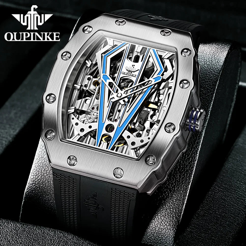 OUPINKE 3179 Automatic Watch for Men Silicone Strap Sapphire Mirror Waterproof Skeleton Mechanical Men&