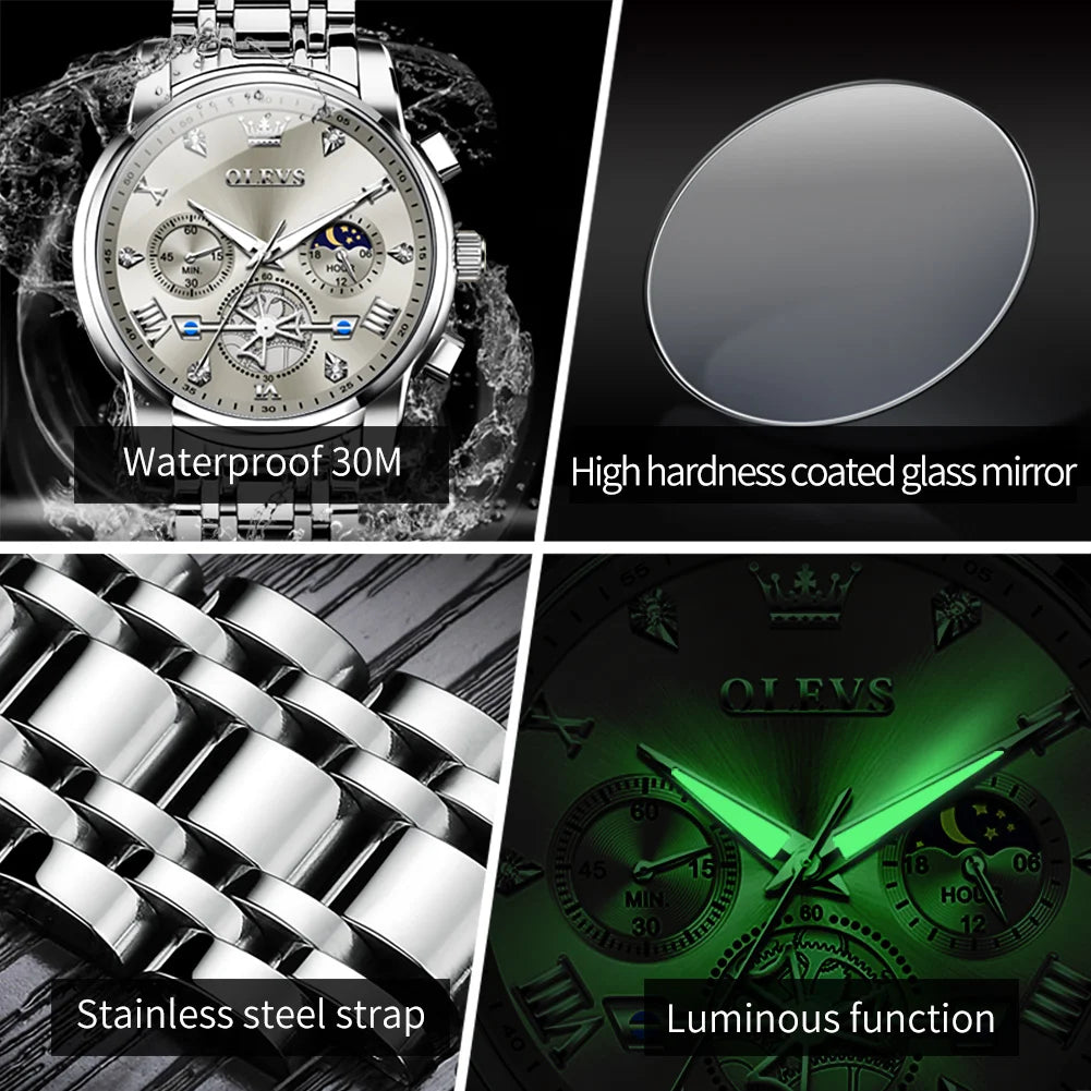 OLEVS Stainless Steel Men's Watches Chronograph Moon .