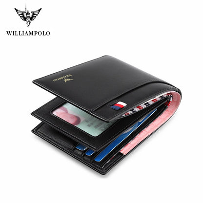 WILLIAMPOLO Luxury Brand Men Wallet Genuine Leather Bifold Wallet Bank Credit Card Case ID Holders Male Coin Purse Pockets