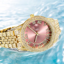 Ladies Pink Watches Gold Diamond Stylish.