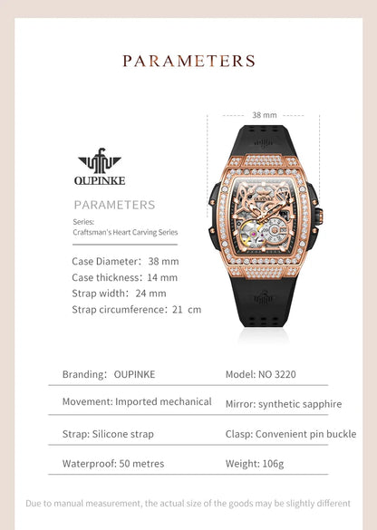 OUPINKE 3220 Diamond Woman Mechanical Watch Hollow Out Chronograph Automatic Watch for Women Luxury Elegant Ladies Wristwatch