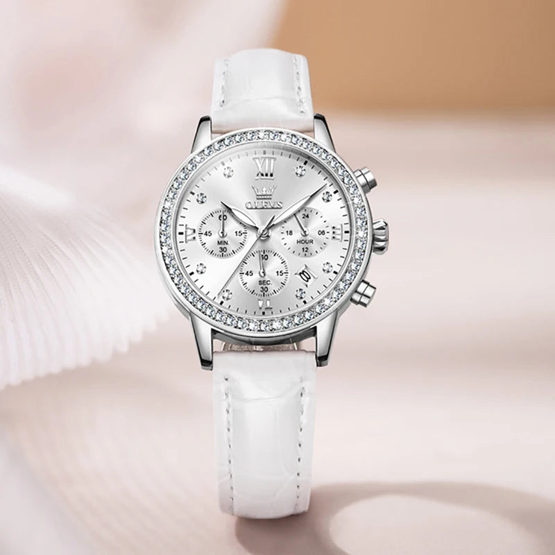 OLEVS Fashion Diamond Silver White Women Watch Leather.