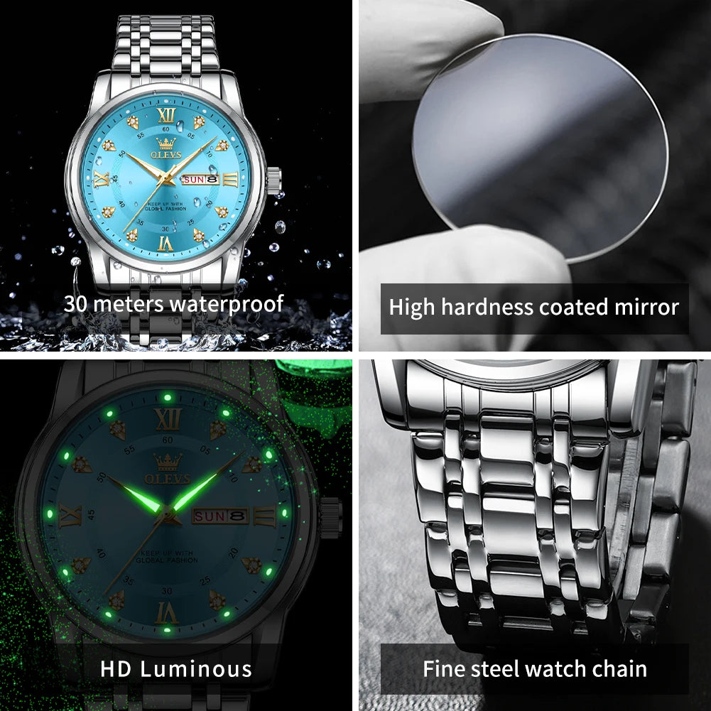 OLEVS Men's Watches Top Fashion Tiffany blue Dial Original Quartz Watch for Man Stainless Steel Waterproof Luminous Date Week