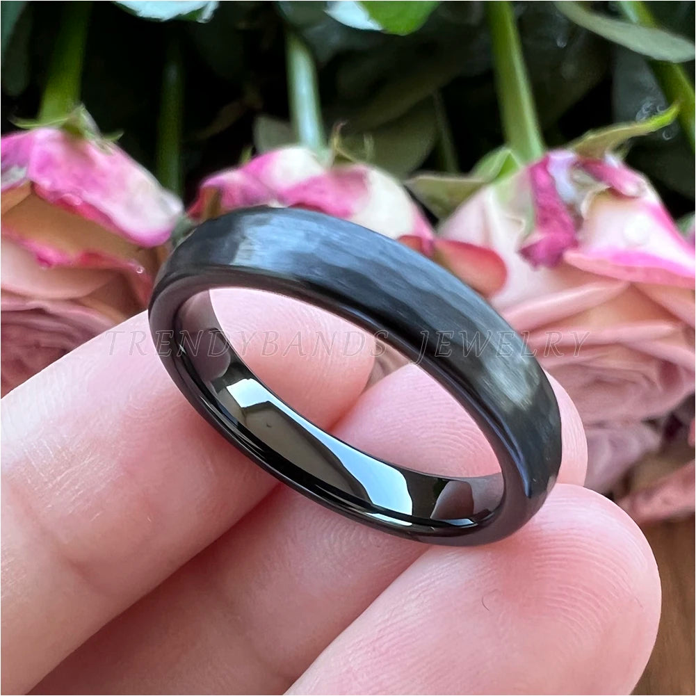 Men's Women's Wholesale Black Hammered Tungsten Cabide Wedding Band Engagement Rings Fashion Jewelry Domed Brushed Finish