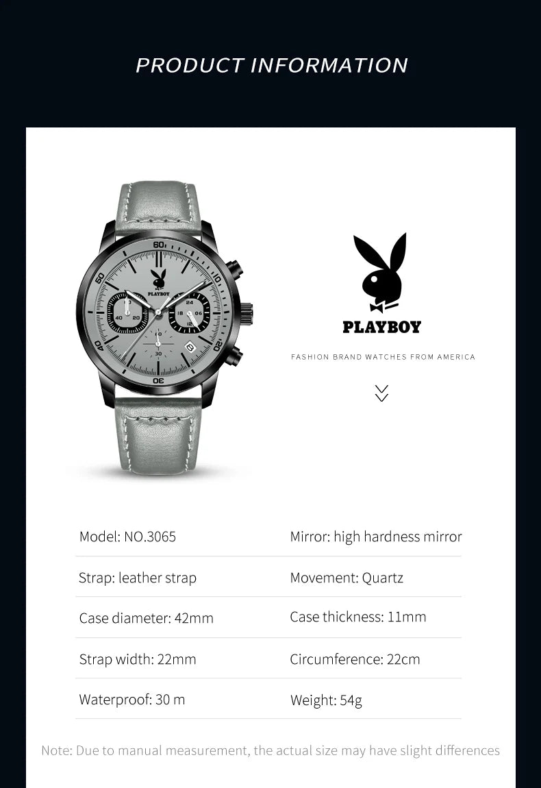 PLAYBOY Original Classic Leather Strap Men Quartz Watch.