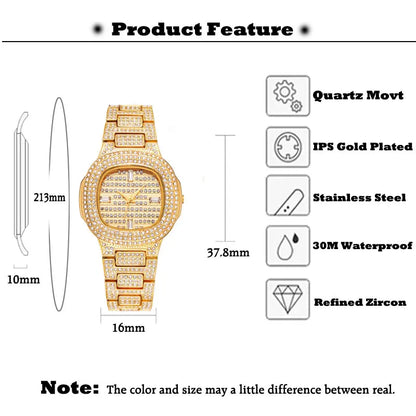 Quartz Watch For Women Luxury Gold Full Diamond.