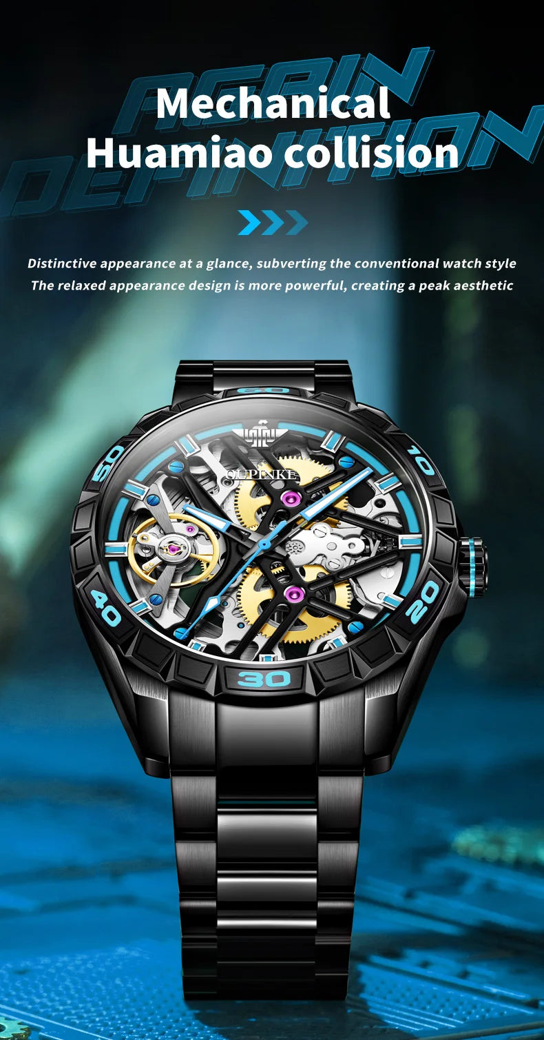 OUPINKE 3196 Official Genuine Watch Men Hollow out Deep Waterproof Luminous Sapphire Mirror Man Hand Clock Luxury