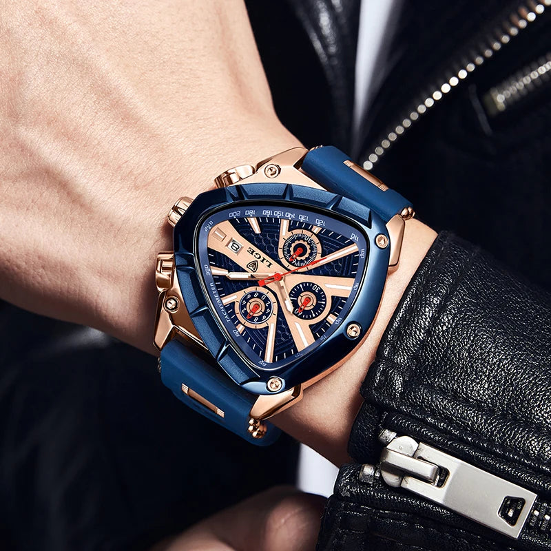 LIGE Fashion Men Watch Triangle Chronograph Military.