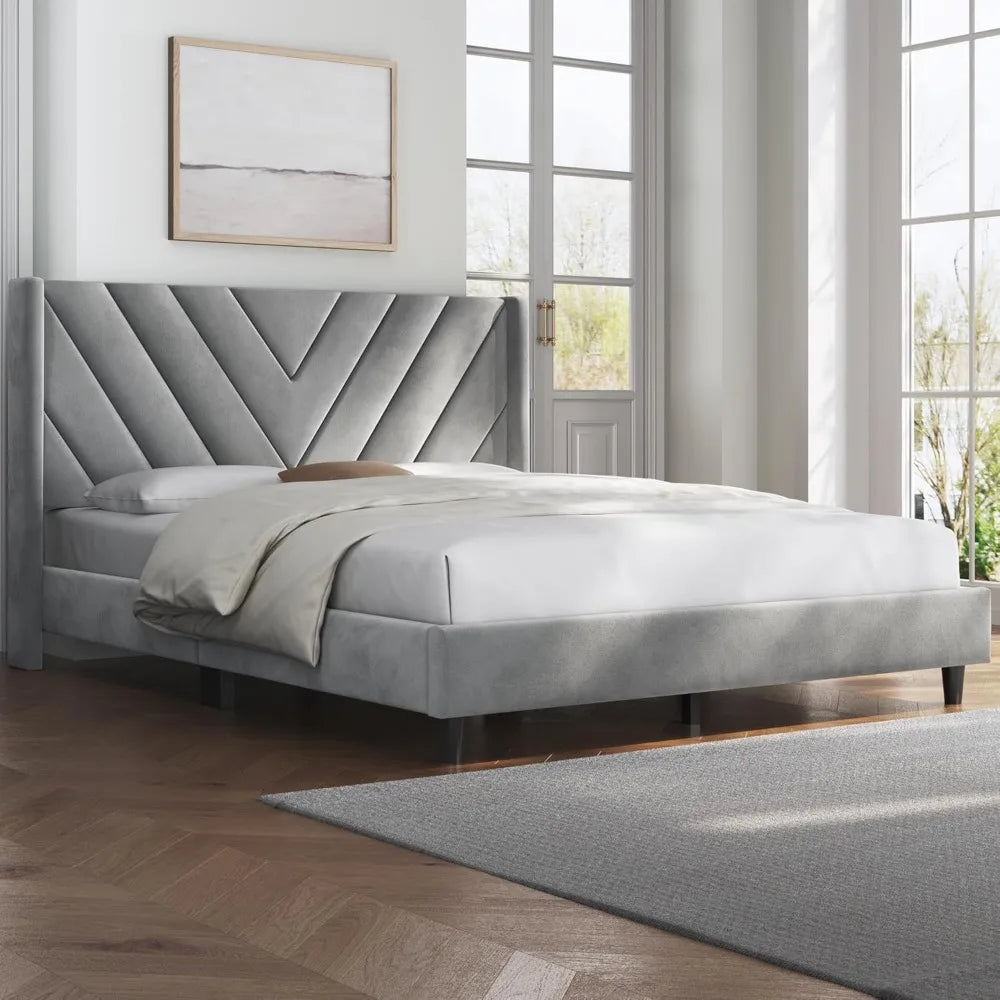 Queen Bed Frame Upholstered Platform Bed with Wing Side/Wooden Slat Support/Tufted Headboard