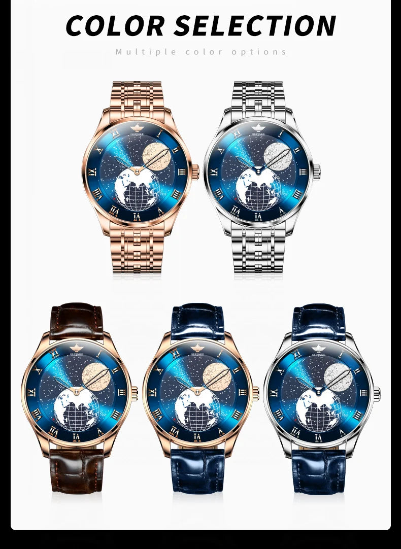 OUPINKE 3230 Men Watch Luxury 3D Earth Starry Sky Moon Phase Rotating Dial Business Waterproof Men Automatic Mechanical Watch