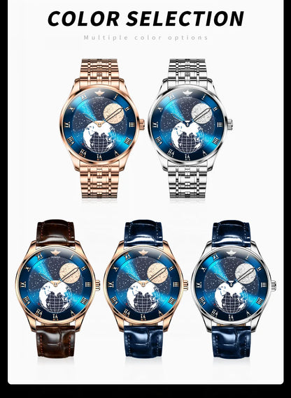 OUPINKE 3230 Men Watch Luxury 3D Earth Starry Sky Moon Phase Rotating Dial Business Waterproof Men Automatic Mechanical Watch