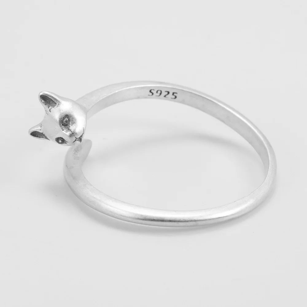 Cute Cat Matte Open Adjustable Silver Ring for Women