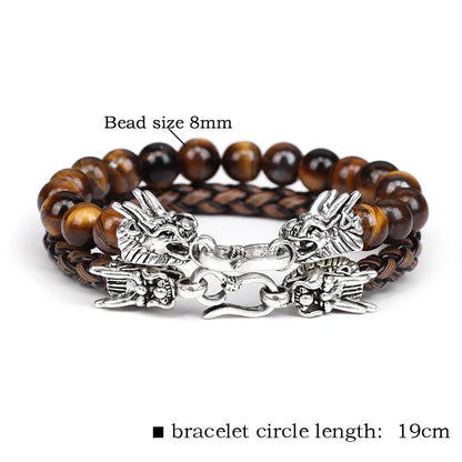 Natural Stone Beaded Bracelet Set Tiger Eye Silver Color Dragon Charm Bracelets Yoga Energy Woven Bracelet for Men Women Jewelry