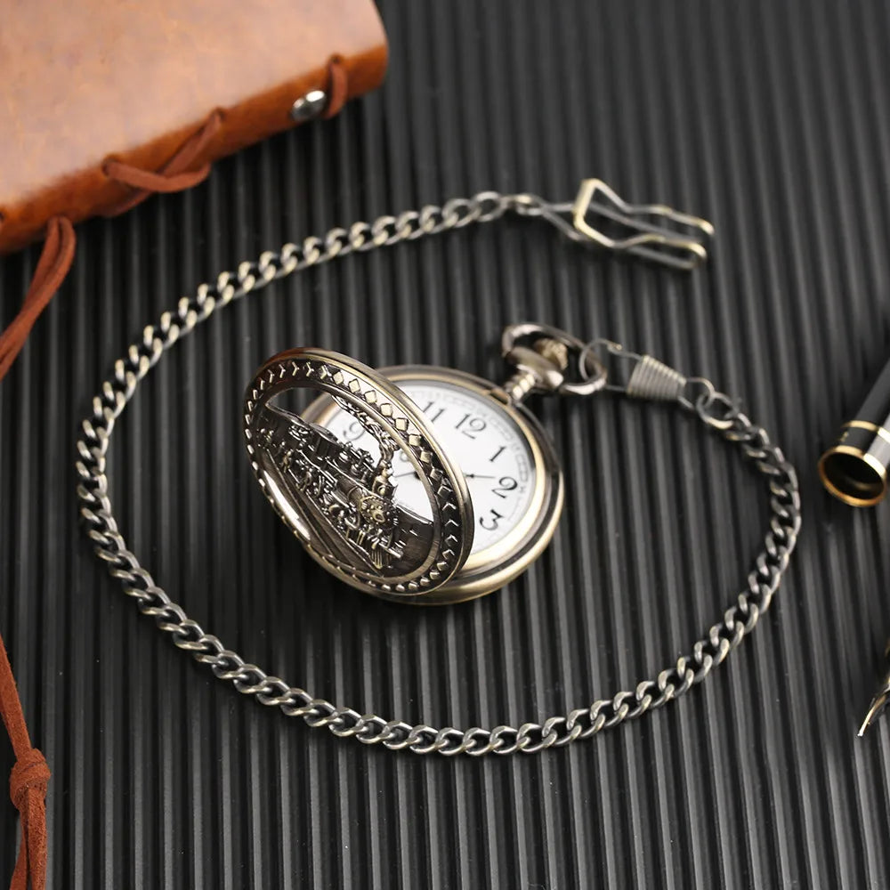 Vintage Retro Bronze Hollow Train Locomotive Steampunk Quartz Pocket Watch Women Men Necklace Pendant with Chain Birthday Gift