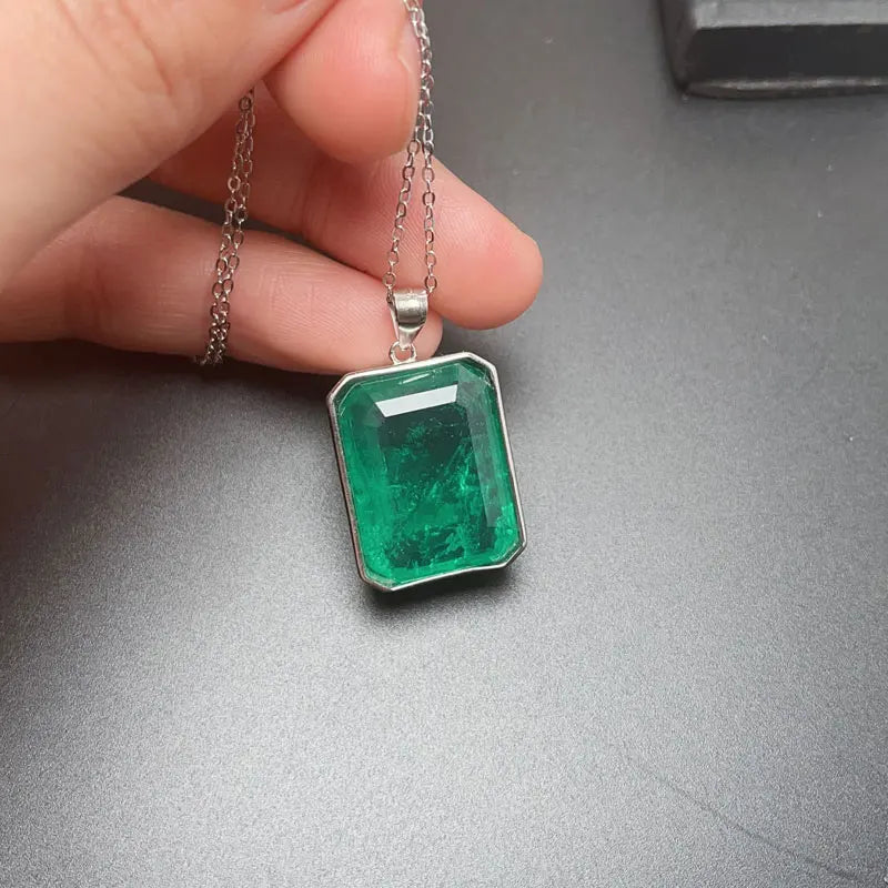 Gold Plated 925 Silver Rectangle Gemstone Pendant 15mm*20mm Emerald Color Man Made Crystal Pendant with 925 Silver Necklace