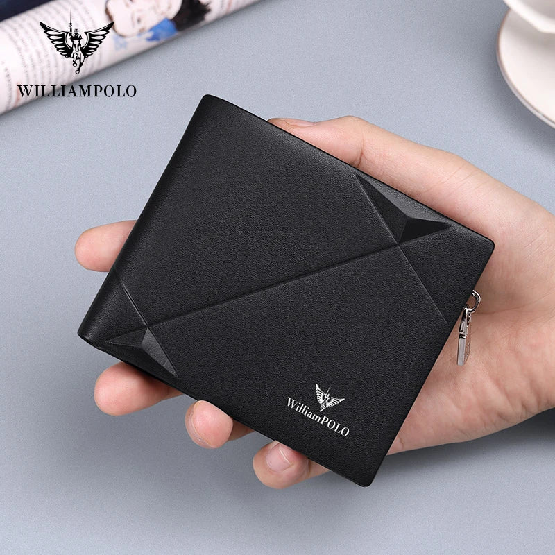 WILLIAMPOLO Men's Wallet Genuine Leather Mini Purse Casual Design Bifold Mals Wallet Luxury Brand Short Slim Wallet