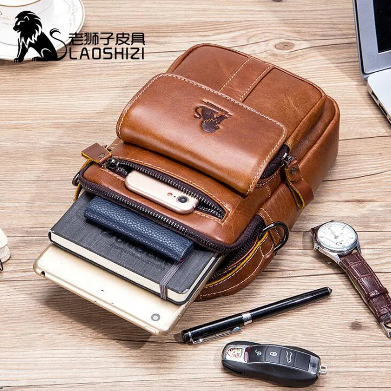 LAOSHIZI 100% leather men's shoulder bag fashion retro zipper Messenger bags business men's high quality bolsas brand fashions