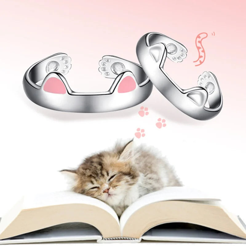 2pcs Y2K Cute Cat Paw Print Ring Women Girls Adjustable.